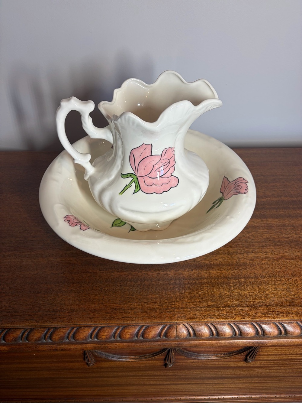 Vintage 1969 Cottagecore Hand-Painted Ceramic Pitcher & Wash Basin antique Set